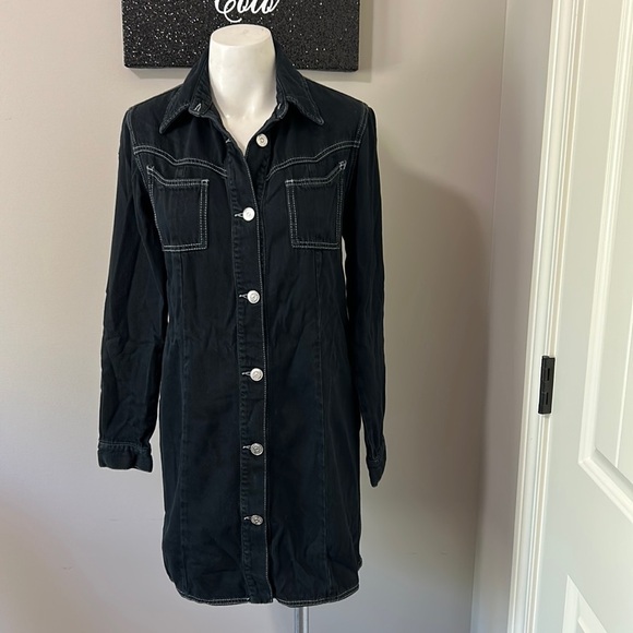 GANNI Black Denim Western Shirt Dress Long Sleeve Button Up Nashville Sz 4 - Picture 5 of 15